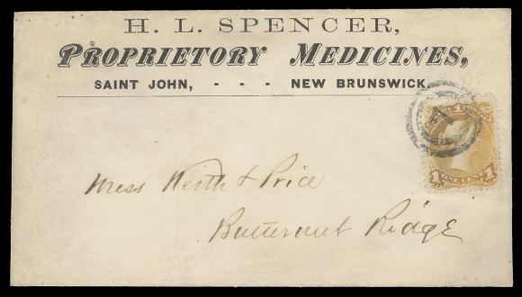 CANADA -  4 LARGE QUEEN  Undated (circa. 1870) H.L. Spencer Proprietory Medicines advertising cover bearing well centered 1c yellow tied by neat 2-ring 