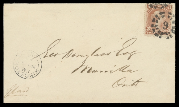CANADA -  4 LARGE QUEEN  1869 (November 8) Pristine cover bearing a lovely example of 3c red on medium wove paper, tied by superb strike of fancy 