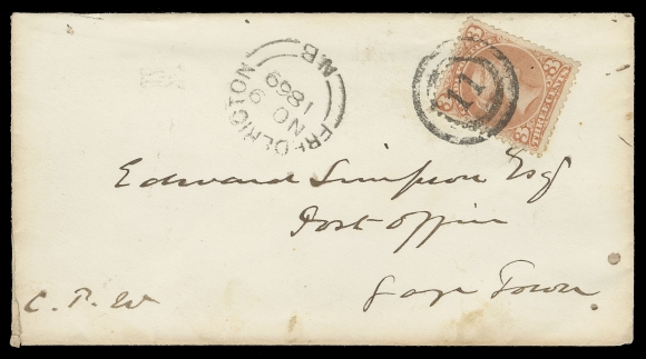 CANADA -  4 LARGE QUEEN  1869 (November 9) White envelope addressed to Gagetown, NB bearing single 3c orange red shade neatly tied by complete 2-ring 