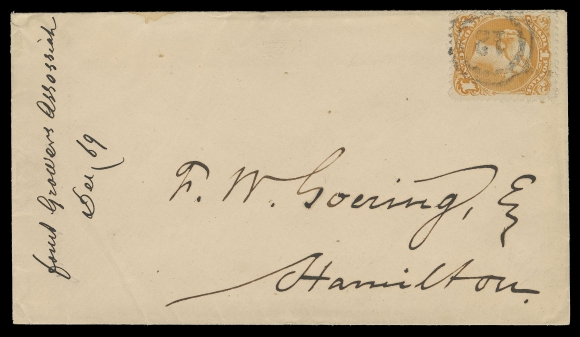 CANADA -  4 LARGE QUEEN  1869 (December) Clean envelope sent unsealed printed matter rate to Hamilton, bearing 1c yellow orange postmarked by clear 2-ring 