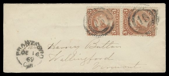 CANADA -  4 LARGE QUEEN  1869 (December 16) Small cover in pristine condition bearing two single 3c red tied by reasonably clear 2-ring 