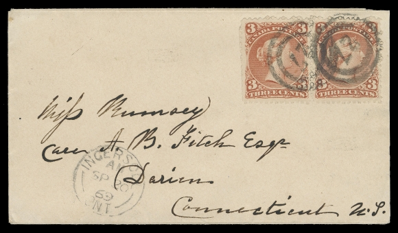 CANADA -  4 LARGE QUEEN  1869 (September 20) Clean and fresh cover bearing well centered horizontal pair of 3c red on medium wove paper, slightly clipped at left, postmarked by two quite clear, complete 2-ring 