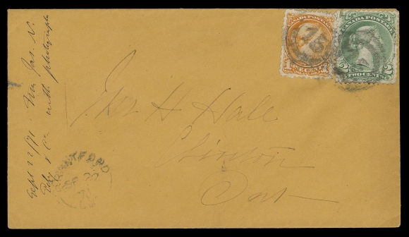 CANADA -  4 LARGE QUEEN  1871 (September 22) Clean orange cover mailed to Clinton, Ontario bearing mixed issue franking - 2c emerald green shade and Small Queen 1c deep orange, First Ottawa printing, both postmarked by quite clear 2-ring 
