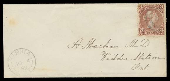 CANADA -  4 LARGE QUEEN  Earliest Recorded Usage: 1869 (June 4) Small envelope in fresh condition, single 3c deep red on medium wove paper, perf fault at foot, minor tone spot at top left, lightly struck by partial 4-ring 