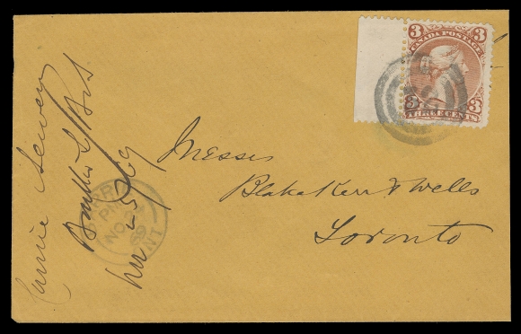 CANADA -  4 LARGE QUEEN  1869 (November 24) Orange cover mailed to Toronto, slightly reduced at right but in otherwise clean, fresh condition bearing an appealing left-sheet margin 3c red on medium wove paper tied by very scarce and remarkably struck 2-ring 