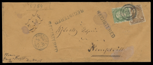 CANADA -  4 LARGE QUEEN  1871 (July 10) Orange Brown legal size envelope with light wrinkles and stains, mailed registered to Kemptville, Ontario, bearing single 2c emerald green, corner creases, overlapping 6c yellow brown (Plate 2) both tied by amazingly complete and superb 2-ring 
