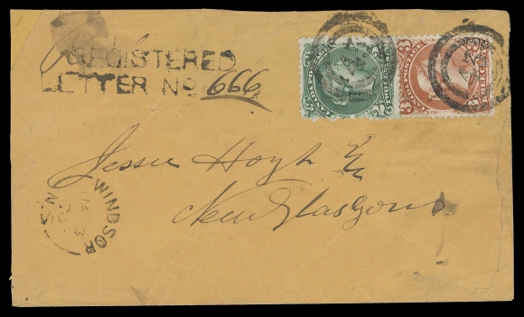 CANADA -  4 LARGE QUEEN  1870 (January 3) Orange cover mailed registered to New Glasgow, bearing 2c green on soft white "blotting" paper, slightly overlapping 3c dark red, former with wrinkle crease from usage, both with bright fresh colours and nicely tied by clear 2-ring 