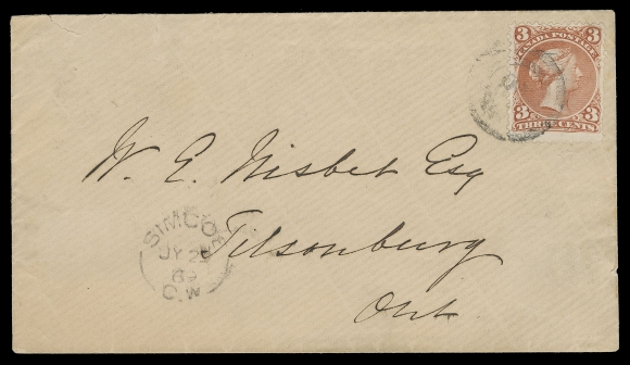 CANADA -  4 LARGE QUEEN  1869 (July 29) Clean cover mailed to Tilsonburg, bearing 3c bright red, a few perf flaws at right tied by partially legible 2-ring 