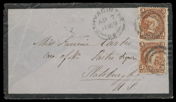 CANADA -  4 LARGE QUEEN  Earliest Recorded Date: 1869 (April 7) Blue morning envelope addressed to Platsburg, USA, opened on three sides, left-side backflap missing, sealed tear at top left in no way detract, franked with two examples of 3c red on medium wove paper, both tied by clear centrally struck 2-ring 