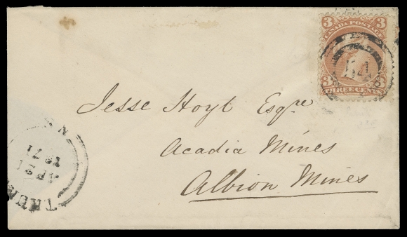 CANADA -  4 LARGE QUEEN  1871 (April 21) Cover from the well known Jesse Hoyt correspondence, bearing 3c rose red shade nicely tied by quite clear 2-ring 