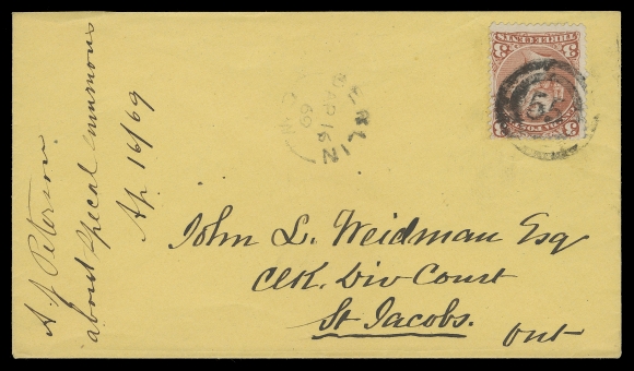 CANADA -  4 LARGE QUEEN  Earliest Recorded Date: 1869 (April 16) Yellow cover in immaculate condition, franked with 3c red on medium wove paper tied by central, bold 2-ring 