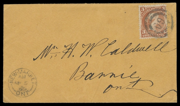 CANADA -  4 LARGE QUEEN  Earliest Recorded Date: 1869 (April 5) Orange envelope in clean, fresh condition, bearing 3c red on medium wove paper tied by central well-struck 2-ring 