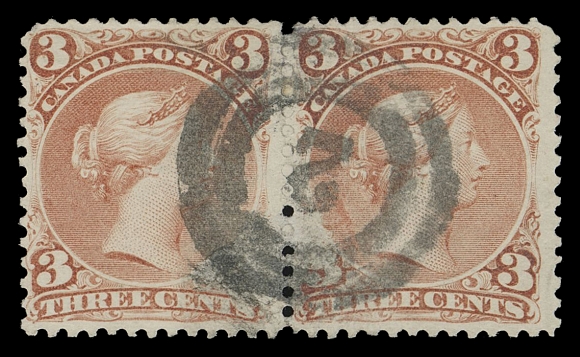 CANADA -  4 LARGE QUEEN  1868 3c red on medium horizontal mesh white wove paper, quite well centered horizontal pair with single socked-on-nose, bold strike of 2-ring 