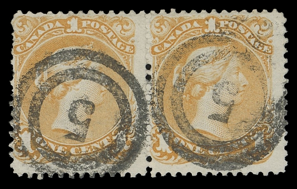 CANADA -  4 LARGE QUEEN  1869 1c yellow orange on medium horizontal wove paper, pair with minor perf flaws at left otherwise sound, superb 2-ring 