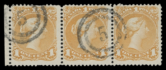 CANADA -  4 LARGE QUEEN  1869 1c yellow orange on medium horizontal wove paper, an impressive strip of three, few split perfs between left pair, minor shorter perfs on left stamp, postmarked with two neatly struck 2-ring 