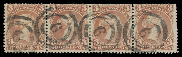 CANADA -  4 LARGE QUEEN  1868 3c red on medium horizontal wove paper, rarely seen used strip of four, two stamps with not readily discernible flaws, each stamp with central, well-struck 2-ring 