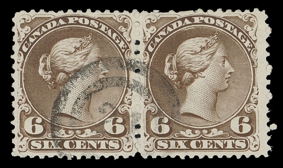 CANADA -  4 LARGE QUEEN  1869 6c brown on soft white "blotting" paper (Plate 1), a remarkable well centered pair on the distinctive, short-lived paper showing characteristic rich colour, very sharp impression, apart from a hint of a wrinkle at top right, pair is essentially sound and is in superior quality than what we are accustomed to seeing on this fragile paper, let alone in a pair which is a undoubtedly rare, used with centrally struck with light 2-ring 