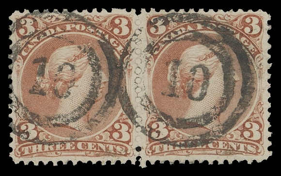 CANADA -  4 LARGE QUEEN  1868 3c red on medium horizontal wove paper, a precisely centered pair in flawless condition, with choice, very clear strikes of 2-ring 