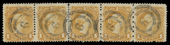 CANADA -  4 LARGE QUEEN  1869 (early) 1c deep orange, first printing, an exceptional strip of five (rejoined pair and strip of three), perf fault at foot of right-hand stamp, in otherwise excellent state of preservation, fabulous colour on fresh paper, each stamp clearly struck by central 2-ring 