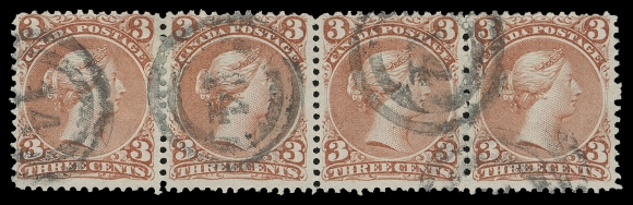 CANADA -  4 LARGE QUEEN  1868 3c red on thinner wove paper with clear horizontal mesh, a rare used strip of four in sound condition, bright colour on fresh paper, legible to quite clear 2-ring 