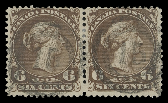 CANADA -  4 LARGE QUEEN  1868-1872 6c dark brown (Plate 1) on medium horizontal mesh paper, pair with deep rich colour, centrally struck, very legible 2-ring 