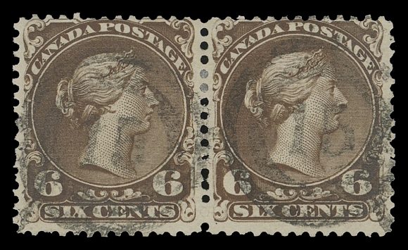 CANADA - 4 LARGE QUEEN 1868-1872 6c dark brown (Plate 1) on medium horizontal mesh paper, pair with deep rich colour, centrally struck, very legible 2-ring