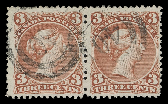 CANADA -  4 LARGE QUEEN  1868-1870 3c bright red on medium horizontal mesh wove paper, a lovely pair with fabulous colour, showing very legible to quite clear 2-ring 