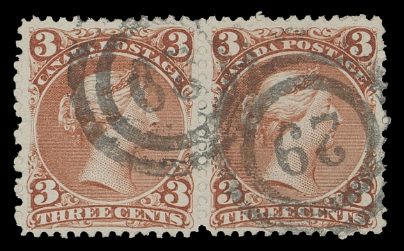 CANADA -  4 LARGE QUEEN  1868-1870 3c red on medium horizontal mesh paper, a fabulous fresh pair with superb 2-ring 
