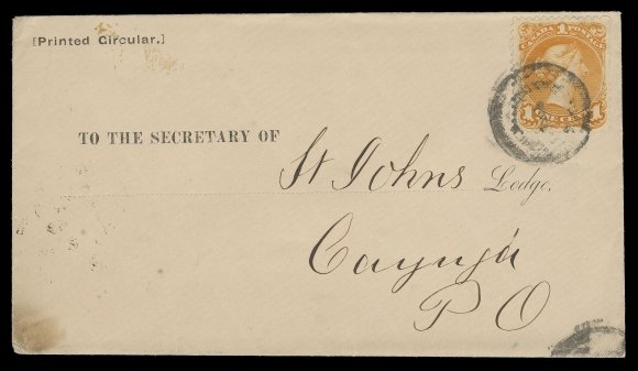 CANADA -  4 LARGE QUEEN  Earliest Recorded Date: 1869 (April 1 - transit) Envelope with "Printed Circular" at top, mailed unsealed from Montreal to Cayuga, bearing a well centered 1c deep orange, first printing, nicely tied by quite clear 2-ring 
