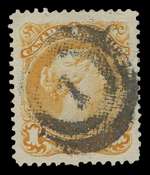 CANADA -  4 LARGE QUEEN  1869 1c yellow orange on medium horizontal mesh wove paper, visually striking example, very well centered within rarely seen enormous margins, used with socked-on-nose, quite bold 2-ring 