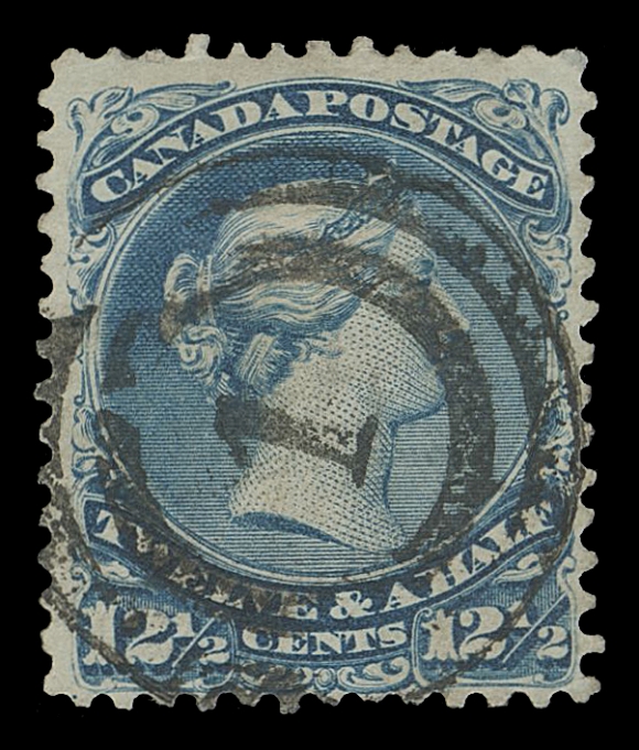 CANADA -  4 LARGE QUEEN  1868 12½c blue on medium horizontal wove paper, socked-on-nose 2-ring 