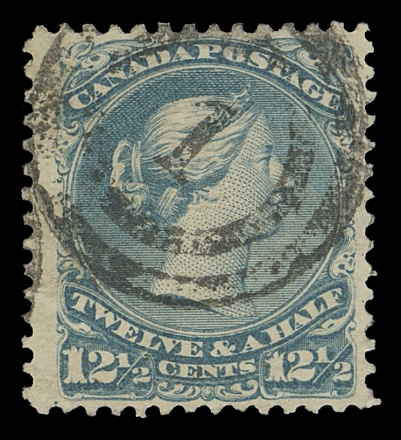 CANADA -  4 LARGE QUEEN  1869-1870 12½c milky blue shade on medium horizontal paper, nicely centered, wide margins, very clear centrally struck 2-ring 