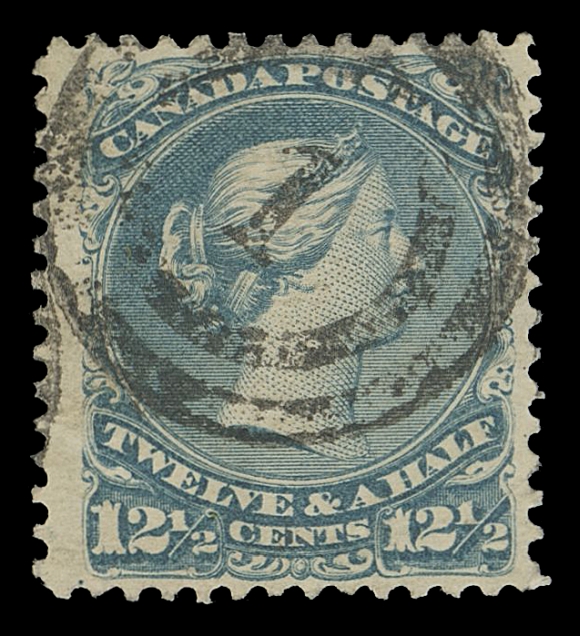 CANADA - 4 LARGE QUEEN 1869-1870 12½c milky blue shade on medium horizontal paper, nicely centered, wide margins, very clear centrally struck 2-ring