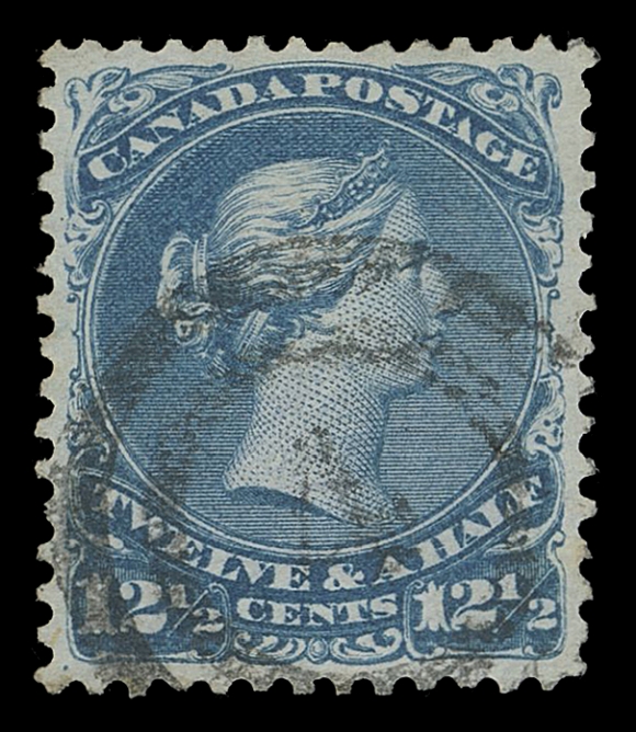 CANADA -  4 LARGE QUEEN  1868 12½c deep blue on thin paper with horizontal mesh, very well centered stamp with clear, centrally struck 2-ring 