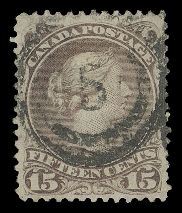 CANADA -  4 LARGE QUEEN  1868 15c reddish purple on Bothwell centered, quite well centered with intact perforations all around (a challenge on this paper type), deep colour and socked-on-nose 2-ring 