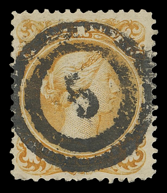 CANADA -  4 LARGE QUEEN  1869 1c yellow orange on medium horizontal wove paper, quite well centered example, light ageing on back only, displaying a superb bold, nearly perfectly centered 2-ring 