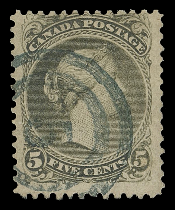 CANADA -  4 LARGE QUEEN  1875 5c olive green on medium vertical mesh paper, with fabulous 2-ring 