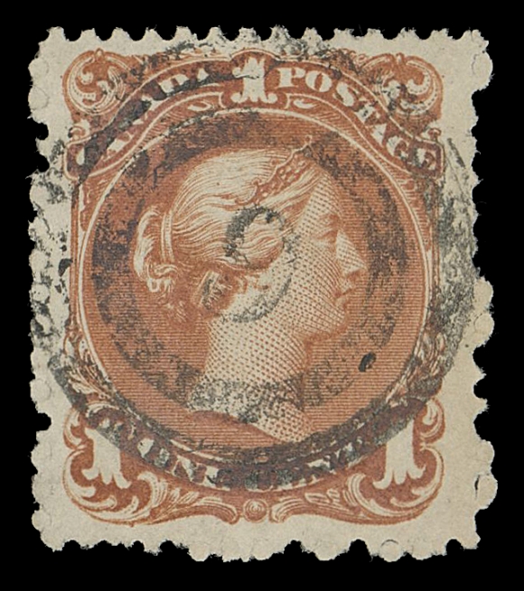 CANADA -  4 LARGE QUEEN  1868 1c brown red on Bothwell paper, remarkable large margins and well centered within, uncleared perf discs often seen on this paper type, displaying an attractively clear, socked-on-nose 2-ring 