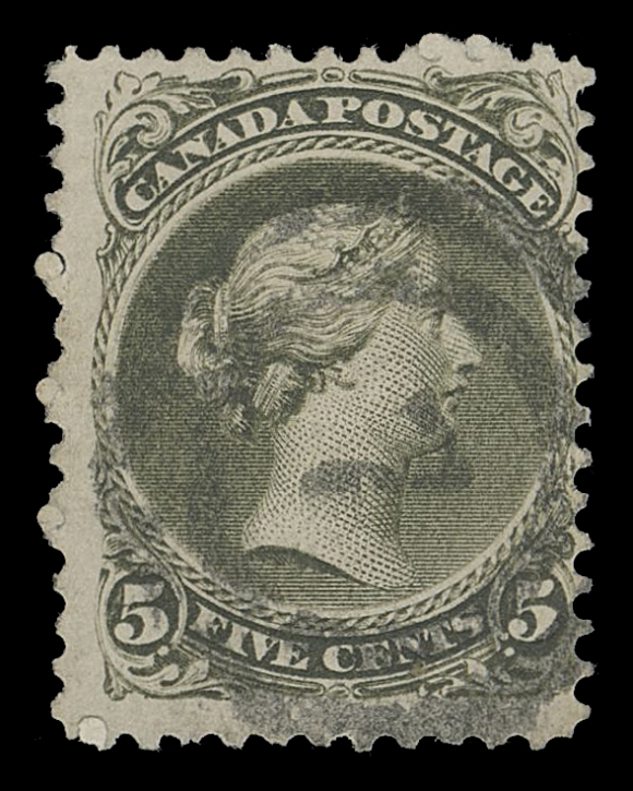 CANADA -  4 LARGE QUEEN  1875 5c deep olive green on medium vertical mesh wove paper, perf 11½x12, rich colour, central and well-struck 2-ring 