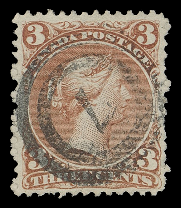 CANADA -  4 LARGE QUEEN  1868-1870 3c red on medium horizontal wove paper, well centered example showing the elusive "Shaving Nick" variety clear of ideal, socked-on-nose 2-ring 