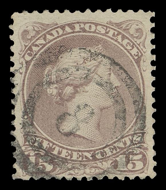 CANADA -  4 LARGE QUEEN  1868-1871 15c, three distinctive shades / printings - early reddish purple on thin horizontal wove paper, red lilac on stout horizontal mesh paper and pale grey violet on Bothwell paper, latter with a few dulled perfs at right, each with central, very clear to superb 2-ring 