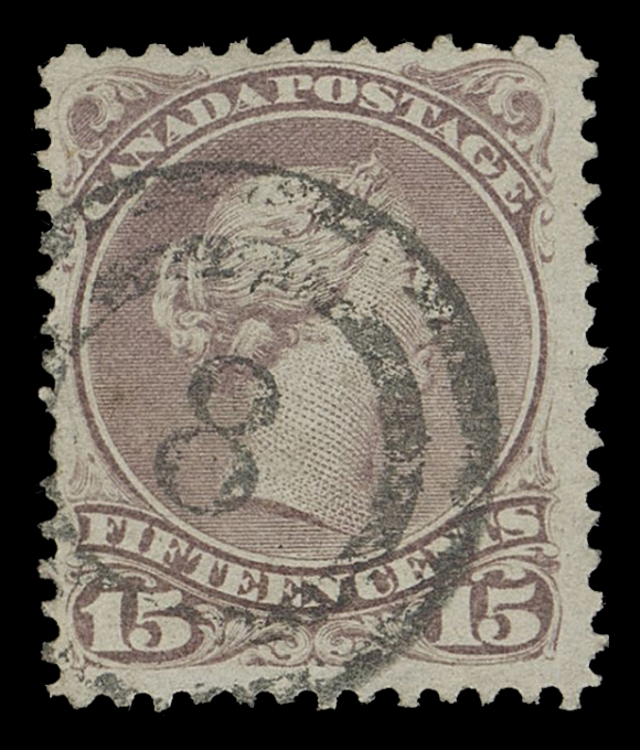 CANADA - 4 LARGE QUEEN 1868-1871 15c, three distinctive shades / printings - early reddish purple on thin horizontal wove paper, red lilac on stout horizontal mesh paper and pale grey violet on Bothwell paper, latter with a few dulled perfs at right, each with central, very clear to superb 2-ring