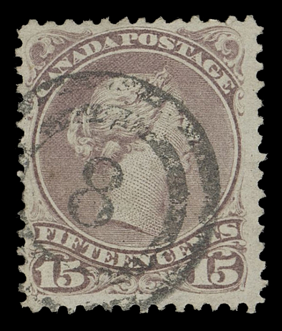 CANADA -  4 LARGE QUEEN  1868-1871 15c, three distinctive shades / printings - early reddish purple on thin horizontal wove paper, red lilac on stout horizontal mesh paper and pale grey violet on Bothwell paper, latter with a few dulled perfs at right, each with central, very clear to superb 2-ring 