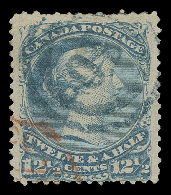 CANADA -  4 LARGE QUEEN  1868 12½c blue on Bothwell paper and 1868-1872 12½c milky blue on medium horizontal wove paper, former with superb bold, socked-on-nose 2-ring 