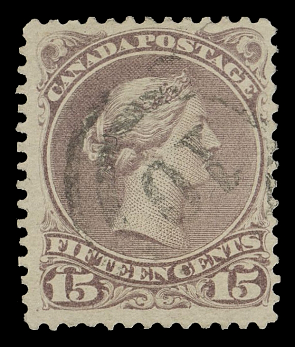 CANADA -  4 LARGE QUEEN  1c/15c group, includes 1c brown red, 2c green, 6c brown (Plate 2) on soft white "blotting" paper, 12½c two-ring IN BLUE, and two shades of 15c (3). Minor flaws to Fine+ / Fine to XF strikes (Unitrade 22/29b)