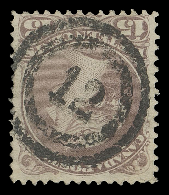 CANADA -  4 LARGE QUEEN  1873-1875 15c deep red lilac on stout smooth surfaced medium wove with horizontal mesh, nearly complete, well-struck, socked-on-nose 2-ring 