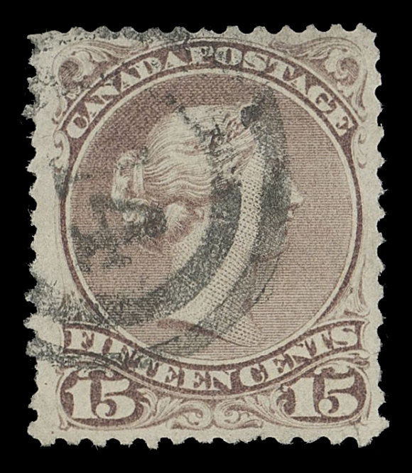 CANADA -  4 LARGE QUEEN  1c/15c group, includes 1c yellow orange and yellow shades, 2c emerald green, 6c, 12½c clipped at foot, 15c on Bothwell paper. Couple flaws, Fine + / VF-VF+ strikes (Unitrade 23/29v)