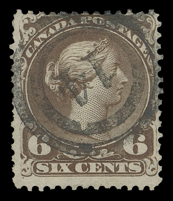 CANADA -  4 LARGE QUEEN  1c/15c group, includes 1c yellow orange and yellow shades, 2c emerald green, 6c, 12½c clipped at foot, 15c on Bothwell paper. Couple flaws, Fine + / VF-VF+ strikes (Unitrade 23/29v)