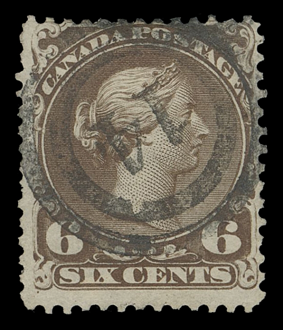 CANADA - 4 LARGE QUEEN 1c/15c group, includes 1c yellow orange and yellow shades, 2c emerald green, 6c, 12½c clipped at foot, 15c on Bothwell paper. Couple flaws, Fine + / VF-VF+ strikes (Unitrade 23/29v)