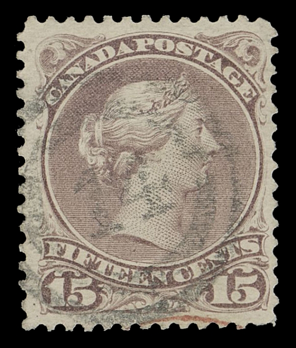 CANADA -  4 LARGE QUEEN  1873-1875 15c bright red lilac on smooth medium horizontal wove paper, select fresh and choice example with clear, centrally struck 2-ring 